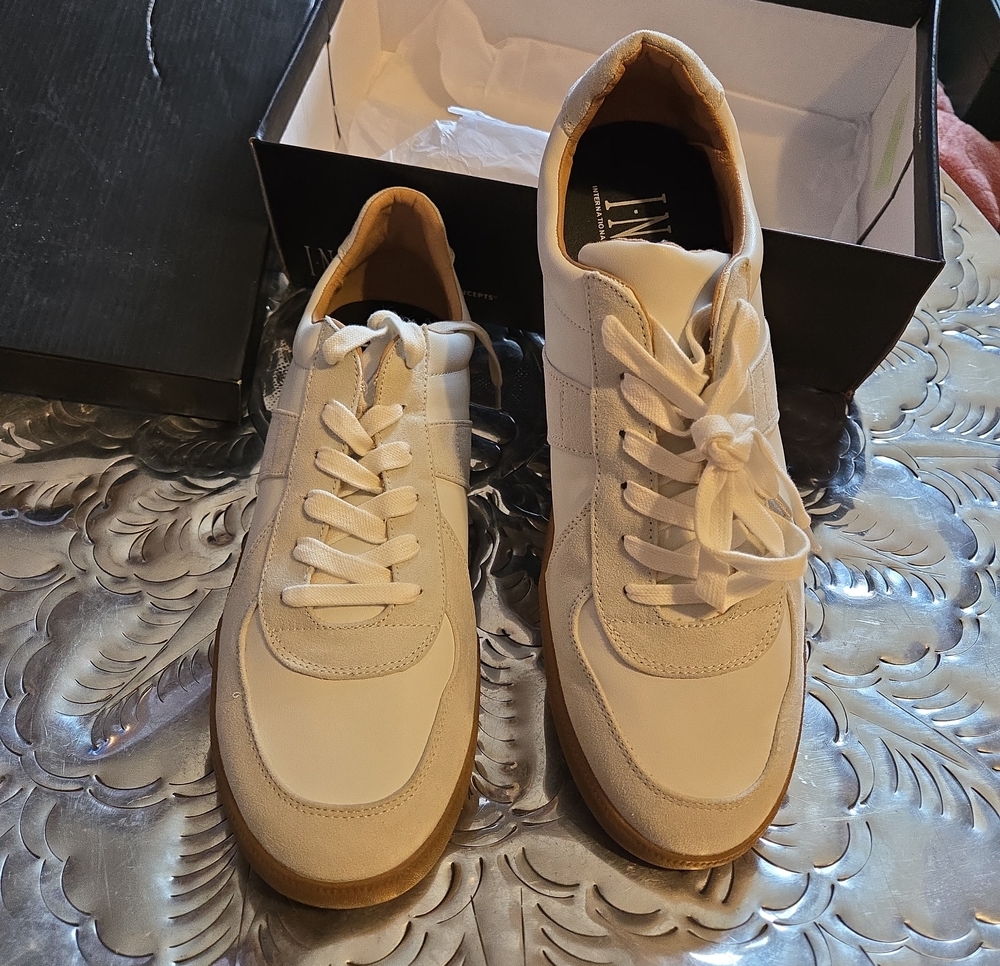 INC International Concepts White Leather & Suede Sneakers with Gum Sole